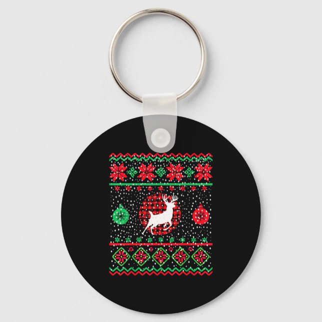 Ugly Christmas Sweater Design Plaid Reindeer  Keychain (Front)