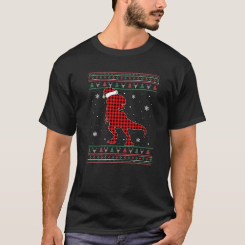 Ugly Christmas Sweater Dinosaur Santa Red Plaid Co