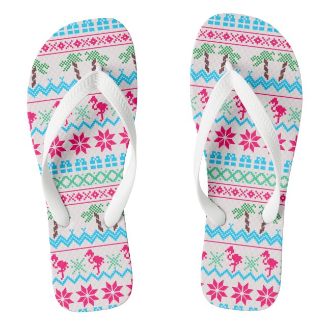 Ugly Christmas Sweater Flamingo Tropical Beach Flip Flops (Footbed)