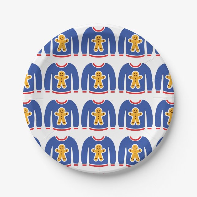 Ugly Christmas Sweater Gingerbread Man Party Xmas Paper Plates (Front)