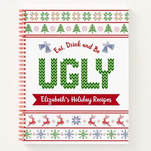 Ugly Christmas Sweater Green Red Recipe Cookbook Notebook