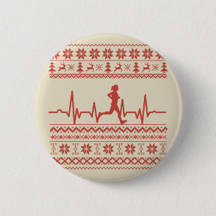 Ugly Christmas sweater heartbeat running run Button
