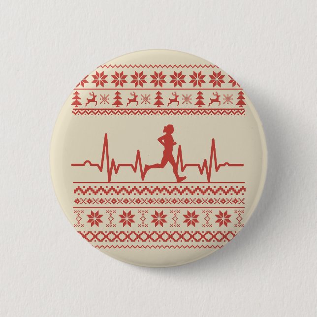 Ugly Christmas sweater heartbeat running run Button (Front)