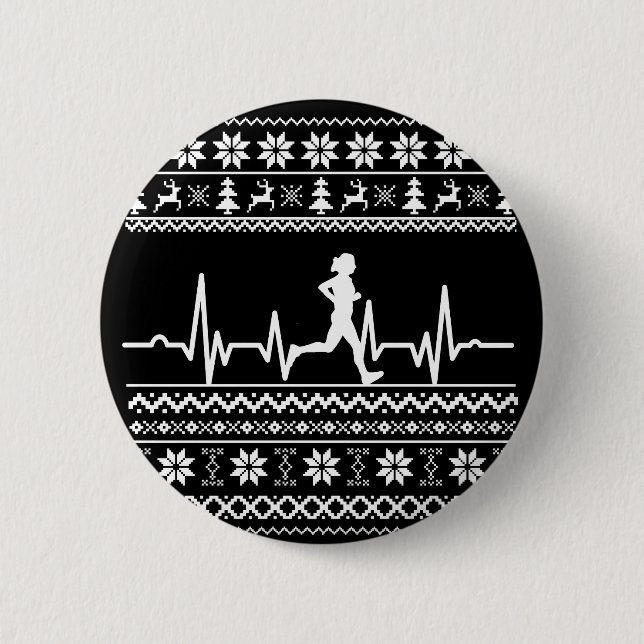 Ugly Christmas sweater heartbeat running run Button (Front)