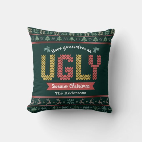 Ugly Christmas Sweater Hunter Green Nordic Knit  Throw Pillow