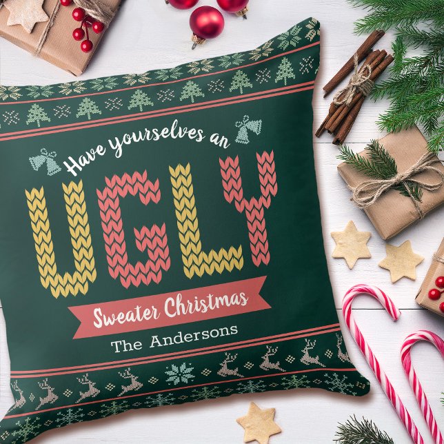 Ugly Christmas Sweater Hunter Green Nordic Knit  Throw Pillow (Creator Uploaded)