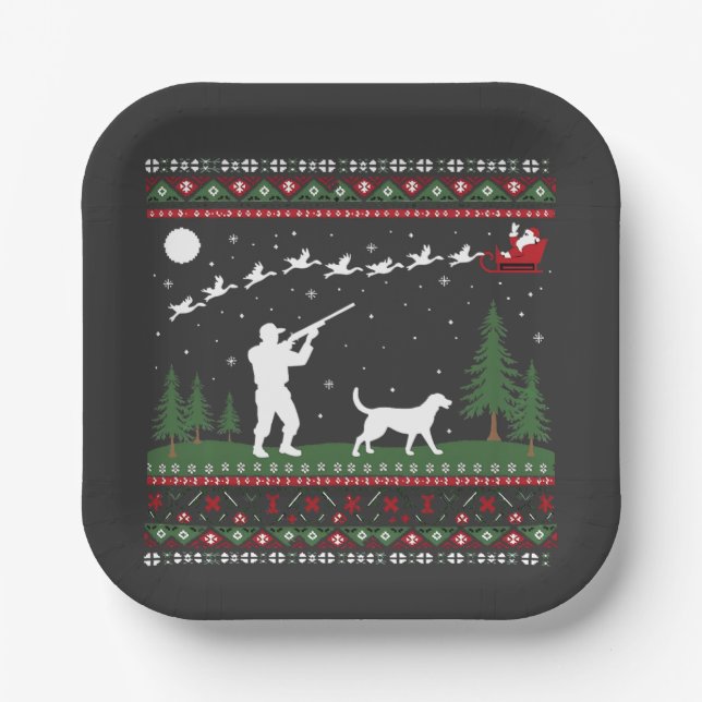 Ugly Christmas Sweater Hunting Season Santa  Paper Plates (Front)