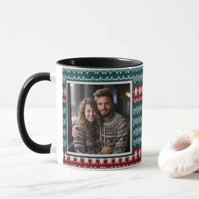 Ugly Christmas Sweater Knit Pattern Personalized Mug (With Donut)