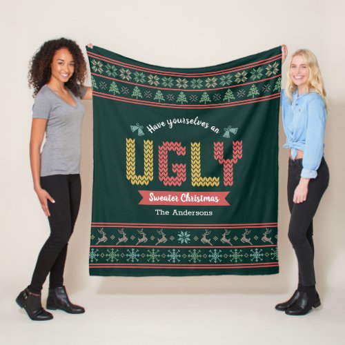 Ugly Christmas Sweater Nordic Hunter Green Knit  Fleece Blanket