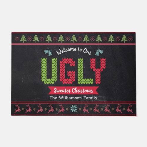 Ugly Christmas Sweater Nordic Knit Fun Chalkboard Doormat