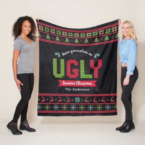 Ugly Christmas Sweater Nordic Knit Fun Chalkboard  Fleece Blanket