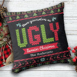 Ugly Christmas Sweater Nordic Knit Fun Chalkboard  Throw Pillow<br><div class="desc">“Have yourself an ugly sweater Christmas.” Decorate your home in “style” with this unique, fun holiday throw pillow! Nordic knit fair isle pattern of whimsical trees, reindeer, ornaments, along with playful “sweater” typography in red, green and aqua blue, overlay a chalkboard background. Feel the warmth and joy of the holiday...</div>