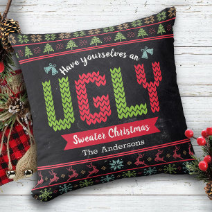 Ugly Christmas Sweater Nordic Knit Fun Chalkboard Throw Pillow