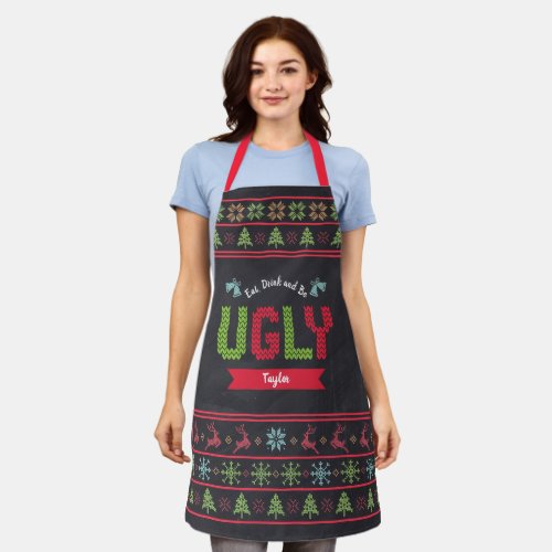 Ugly Christmas Sweater Nordic Knit Name Chalkboard Apron