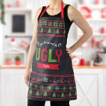 Ugly Christmas Sweater Nordic Knit Name Chalkboard Apron<br><div class="desc">“Eat, drink and be ugly.” Here’s a wonderful way add to the fun of your holiday baking. Add extra sparkle to your holiday culinary adventures whenever you wear this unique, whimsical, modern, custom name Christmas apron. A cute, Nordic knit fair isle pattern of whimsical trees, reindeer, ornaments, along with playful...</div>
