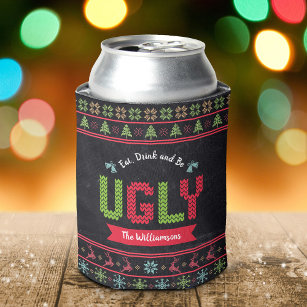 Ugly Christmas Sweater Nordic Knit Name Chalkboard Can Cooler