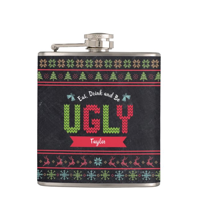 Ugly Christmas Sweater Nordic Knit Name Chalkboard Flask (Front)