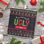 Ugly Christmas Sweater Nordic Knit Name Chalkboard Flask<br><div class="desc">“Eat, drink and be ugly.” Celebrate the holiday season in “style” with this unique, fun flask! A cute, Nordic knit fair isle pattern of whimsical trees, reindeer, ornaments, along with playful “sweater” typography in red, green and aqua blue, overlay a chalkboard background. Personalize with your name. Feel the warmth and...</div>