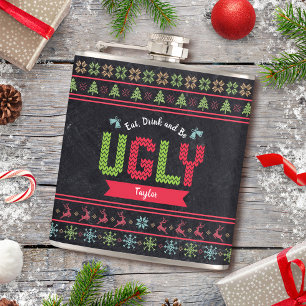 Ugly Christmas Sweater Nordic Knit Name Chalkboard Flask