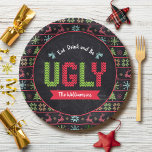 Ugly Christmas Sweater Nordic Knit Name Chalkboard Paper Plates<br><div class="desc">“Eat, drink and be ugly.” Celebrate the holiday season in “style” with this fun, unique, holiday party paper plate! A cute, Nordic knit fair isle pattern of whimsical trees, reindeer, ornaments, along with playful “sweater” typography in red, green and aqua blue, overlay a chalkboard background. Personalize with your name. Your...</div>