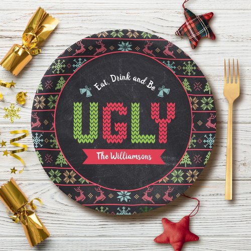 Ugly Christmas Sweater Nordic Knit Name Chalkboard Paper Plates