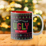 Ugly Christmas Sweater Nordic Knit Name Chalkboard Two-Tone Coffee Mug<br><div class="desc">“Eat, drink and be ugly.” Celebrate the holiday season in “style” with this unique, fun coffee mug! A cute, Nordic knit fair isle pattern of whimsical trees, reindeer, ornaments, along with playful “sweater” typography in red, green and aqua blue, overlay a chalkboard background. Personalize with your name. Feel the warmth...</div>