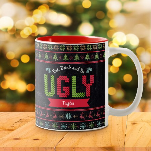 Ugly Christmas Sweater Nordic Knit Name Chalkboard Two_Tone Coffee Mug