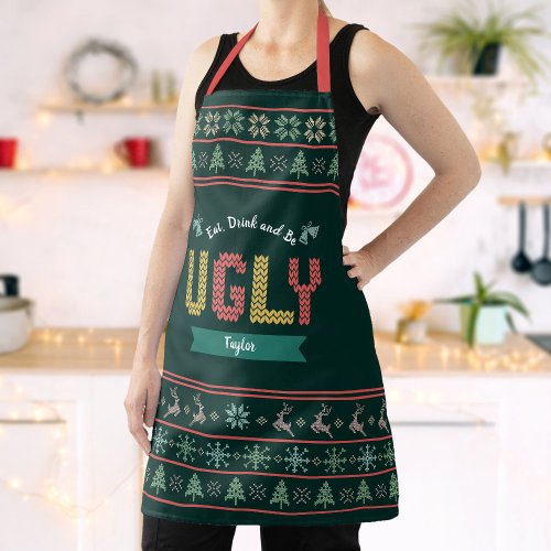 Ugly Christmas Sweater Nordic Knit Your Name Green Apron