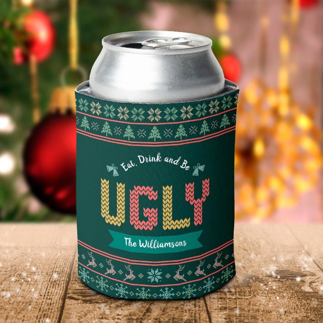 Ugly Christmas Sweater Nordic Knit Your Name Green Can Cooler (Creator Uploaded)