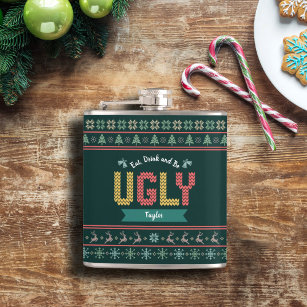Ugly Christmas Sweater Nordic Knit Your Name Green Flask
