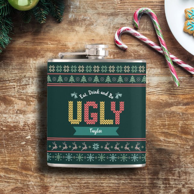 Ugly Christmas Sweater Nordic Knit Your Name Green Flask (Creator Uploaded)