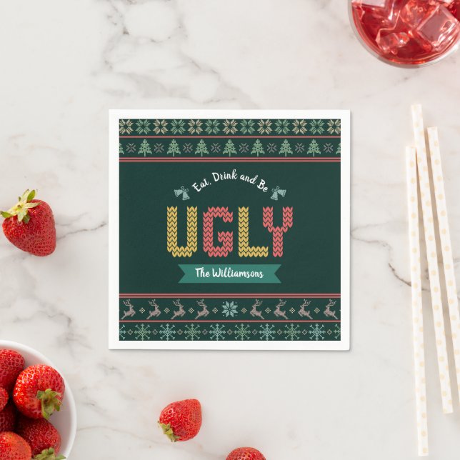 Ugly Christmas Sweater Nordic Knit Your Name Green Napkins (Insitu)