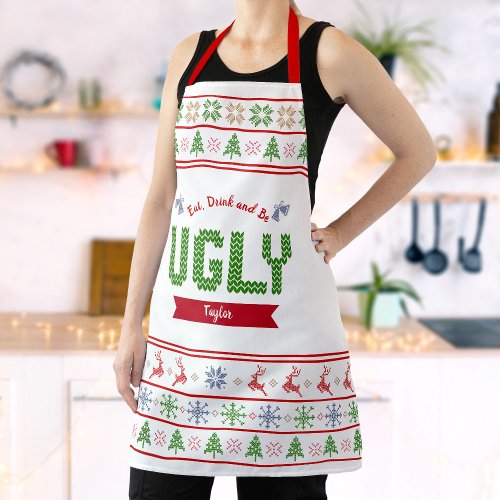 Ugly Christmas Sweater Nordic Red Green Knit Name Apron