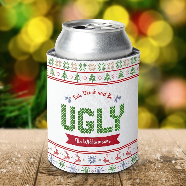 Ugly Christmas Sweater Nordic Red Green Knit Name Can Cooler (Creator Uploaded)