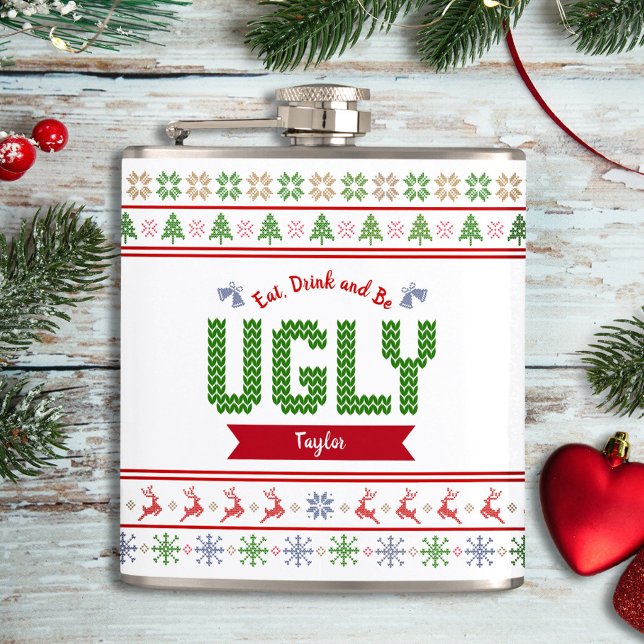 Ugly Christmas Sweater Nordic Red Green Knit Name Flask (Creator Uploaded)