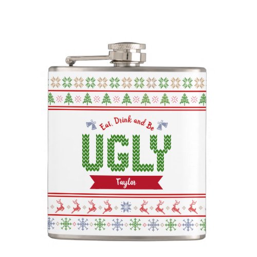Ugly Christmas Sweater Nordic Red Green Knit Name Flask