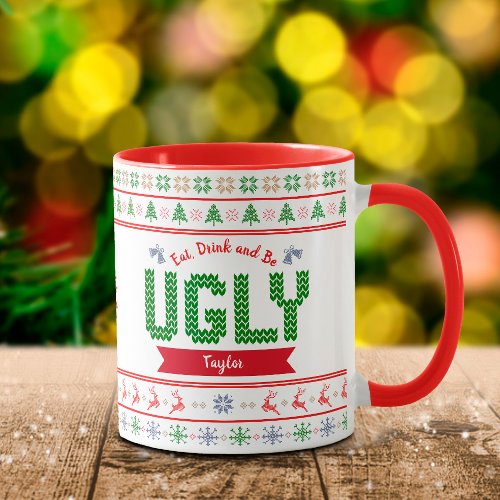 Ugly Christmas Sweater Nordic Red Green Knit Name Mug