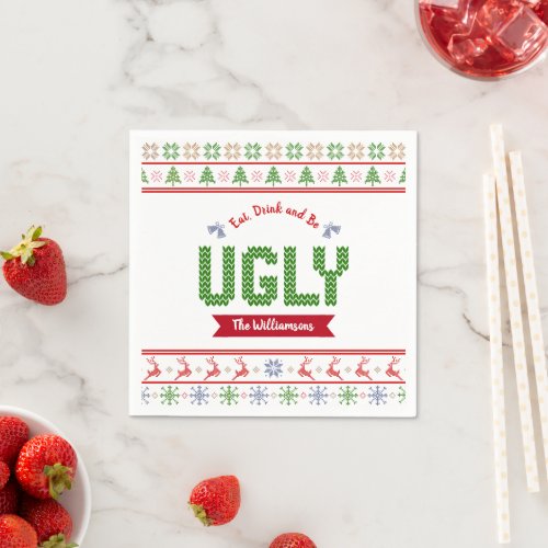 Ugly Christmas Sweater Nordic Red Green Knit Name Napkins