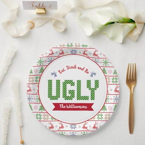 Ugly Christmas Sweater Nordic Red Green Knit Name Paper Plates