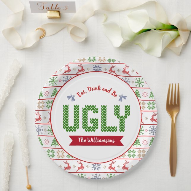 Ugly Christmas Sweater Nordic Red Green Knit Name Paper Plates (Wedding)