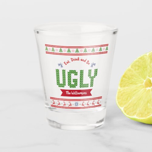 Ugly Christmas Sweater Nordic Red Green Knit Name Shot Glass