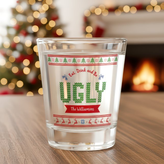 Ugly Christmas Sweater Nordic Red Green Knit Name Shot Glass (Creator Uploaded)