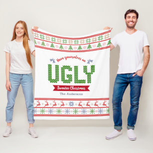 Ugly Christmas Sweater Nordic White Red Green Knit Fleece Blanket