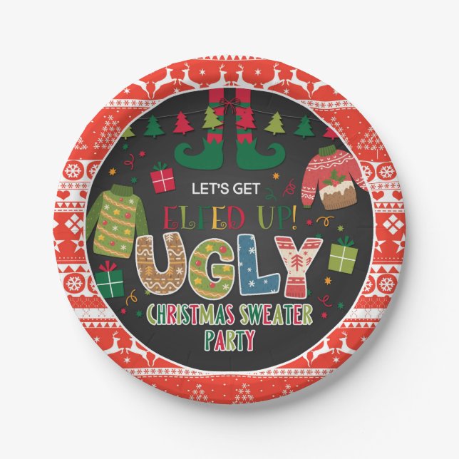 Ugly Christmas Sweater Paper Plate - Elfed Up (Front)