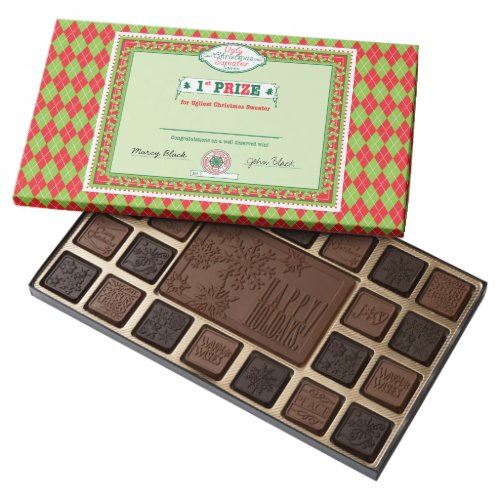 Ugly Christmas Sweater Party 1st Place Prize Xmas Assorted Chocolates - Ugly Christmas Sweater Party first place prize Xmas personalized box of chocolates... personalize it with your names on the official prize winning certificate on the top of the box and then write the winner on the box the night of the party. Give it out as a prize for the ugliest holiday sweater at a party.