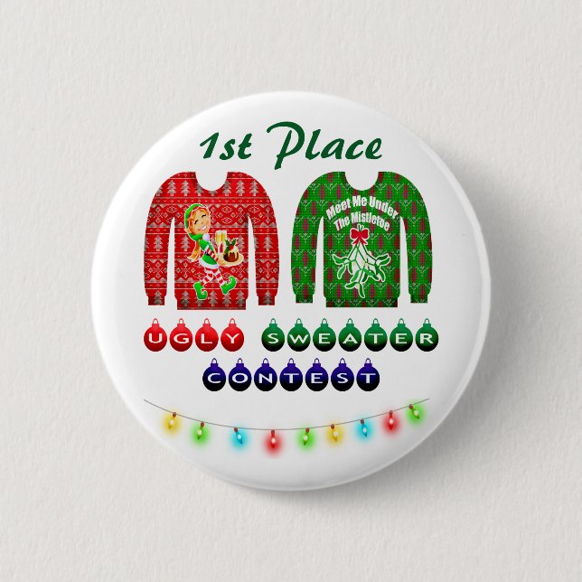 Ugly Christmas Sweater Party 1st Place Winner Button (Front)