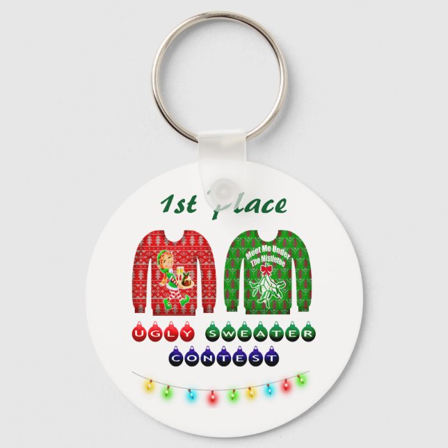 Ugly Christmas Sweater Party 1st Place Winner Keychain (Front)