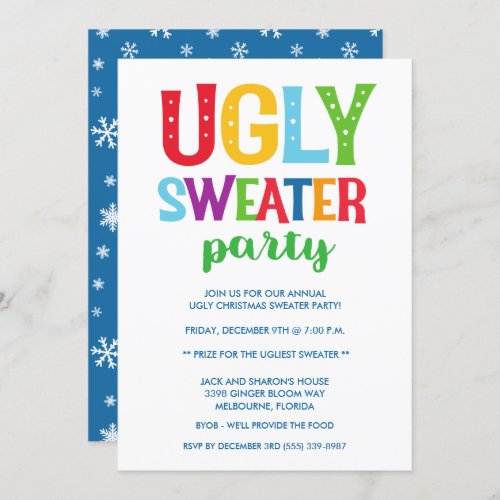 Ugly Christmas Sweater Party Colorful Snowflake Invitation