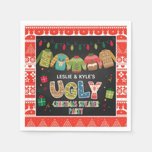 Ugly Christmas Sweater Party Napkin _ Red Border