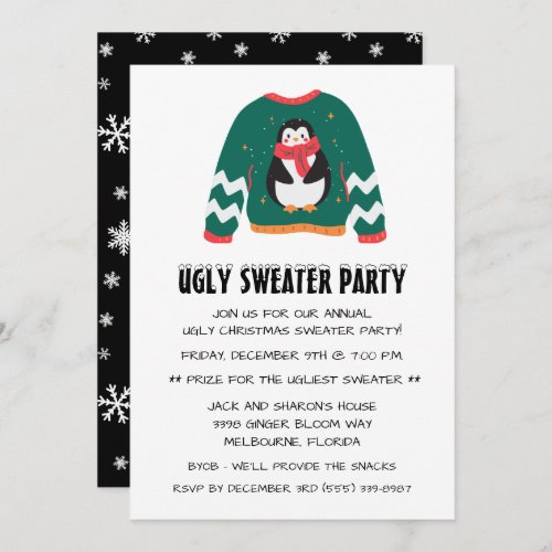 Ugly Christmas Sweater Party Penguin Snowflake Invitation